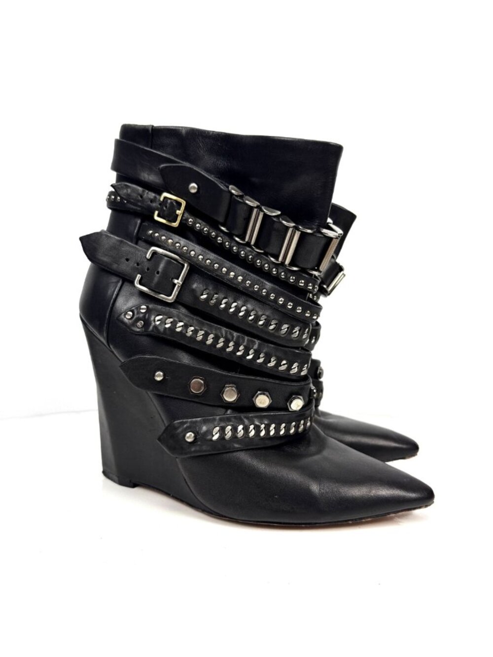 L.A.M.B. by Gwen Stefani Leather Thaker Studded Moto Wedge Ankle Boots Black 7.5